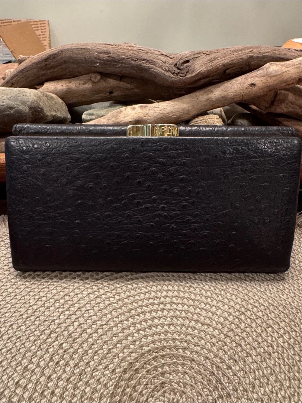 Givenchy Black Textured Leather Clutch with Gold Emblem